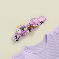 Toddler Girls Halloween Costume Set Long Sleeve Pumpkin Bat Print Romper Dress with Ruffled Hem and Matching Headband Bow